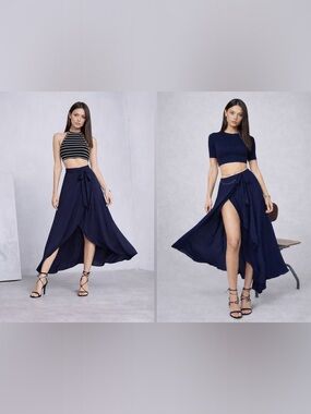 Reformation Nessy Wrap Skirt Navy Blue Maxi High Slit NWT Sz L